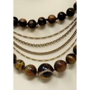 Tiger Eye Necklace Gold Tone Chains Links 15" Double Stones Front 4 Chains